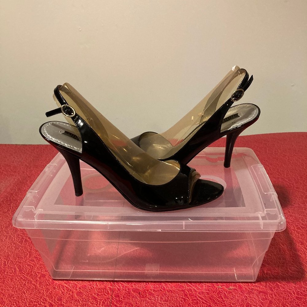 Nine West Patent Sling Back Sandals Heel Black 9.5